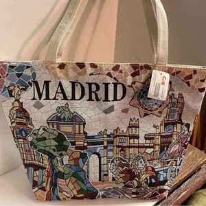 Madrid Spain Tapestry Mosaic Canvas Tote Bag with Zipper and Interior Lining NWT